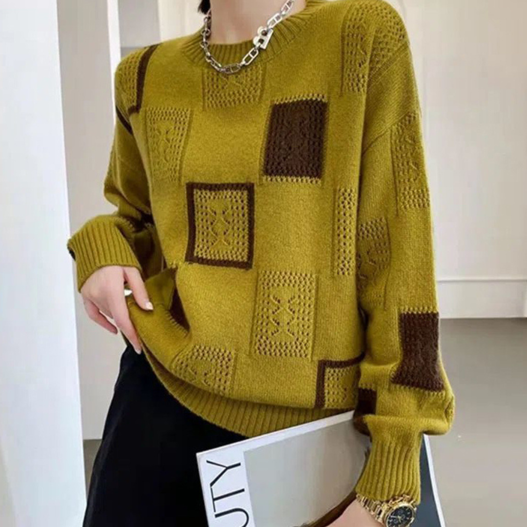 Waleria - Geometryczny patchworkowy sweter z dzianiny w stylu vintage